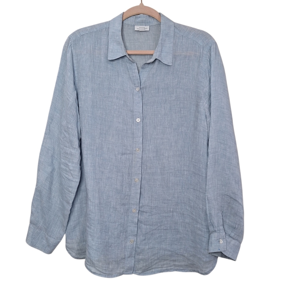 J Jill Linen Essential Blue  Perfect Long Sleeve Button Down Shirt Medium Flaw